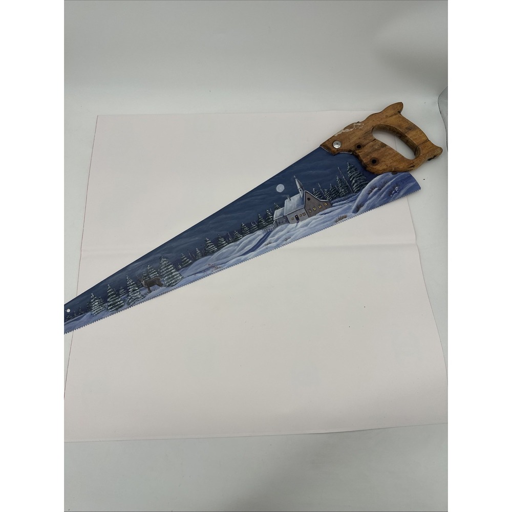 Vintage Hand Painted Handsaw 28" Winter Scene Country Church Folk Art Wall Decor